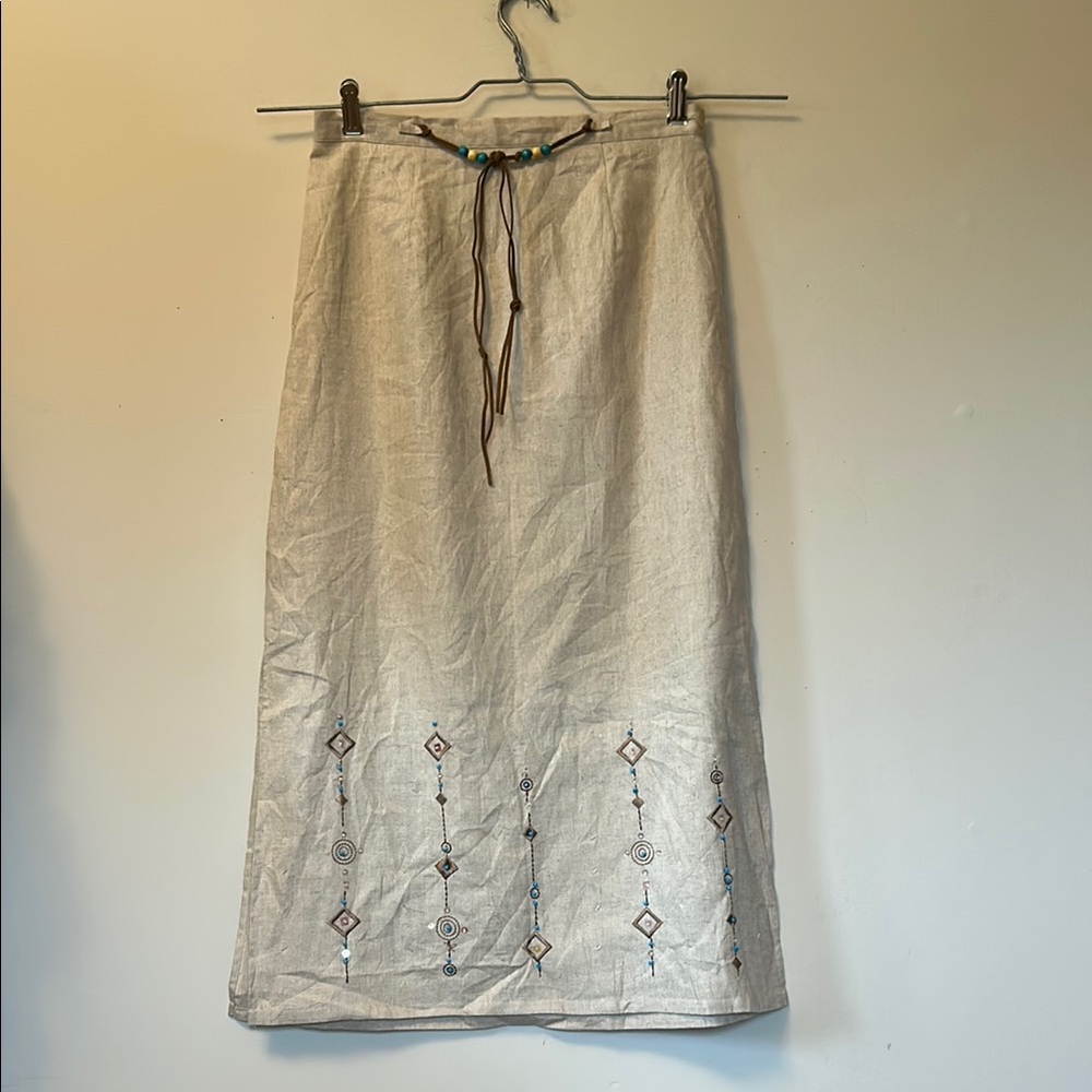Requirements tan midi linen/rayon skirt beaded/leather tie trim size S. new/tags